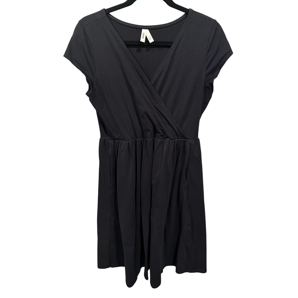 Pact Dress Black Organic Cotton Faux Wrap Short Sleeve Fit & Flare Pockets L
